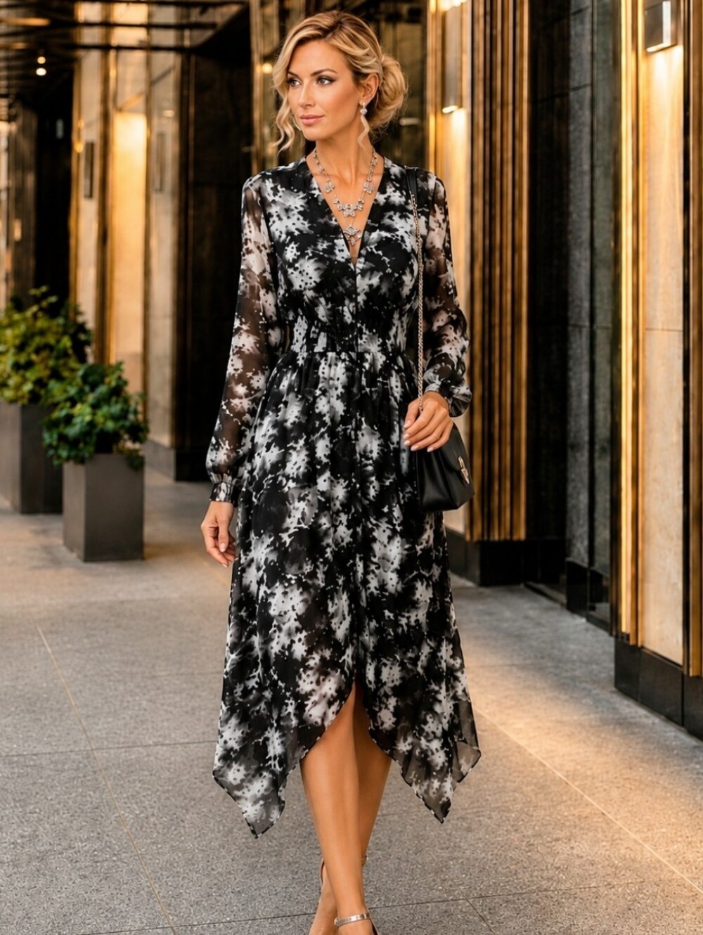 Steve Madden | Black & White Watercolour High-Low Smocked Midi Dress NWT